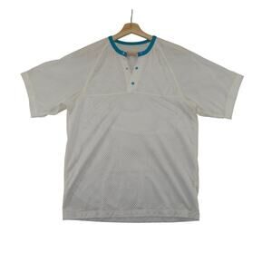 Vintage REI White Mesh Henley Shirt with Teal Snap Collar – Size